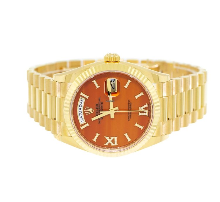 Rolex Day-date 36 36mm Yellow Gold Carnelian Roman Diamond Dial Fluted Bezel 128238