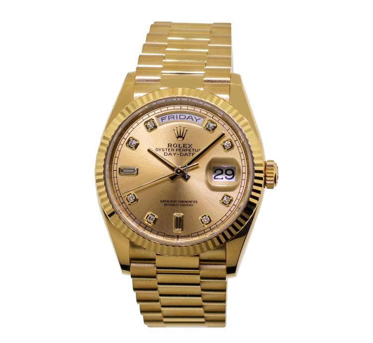 Rolex Day-date 36 36mm Yellow Gold Champagne Diamond Dial Fluted Bezel 128238