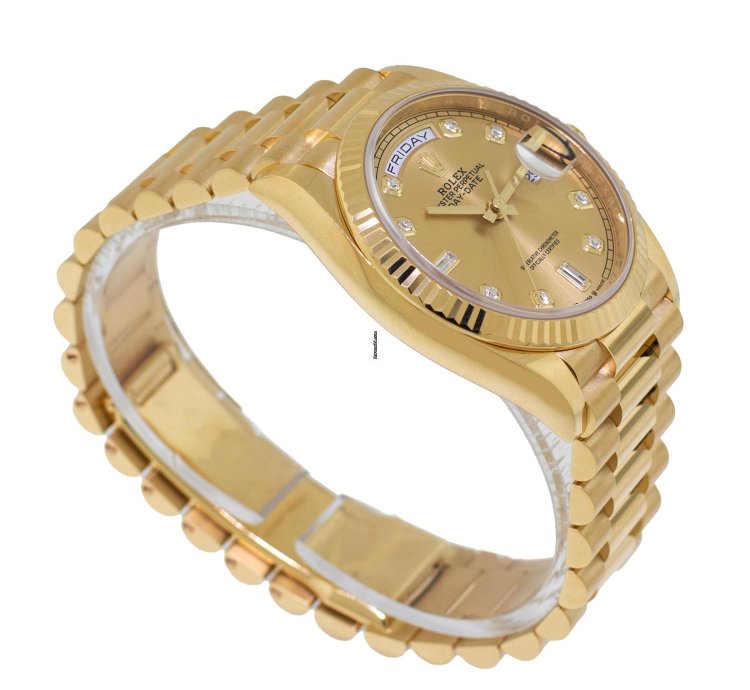 Rolex Day-date 36 36mm Yellow Gold Champagne Diamond Dial Fluted Bezel 128238