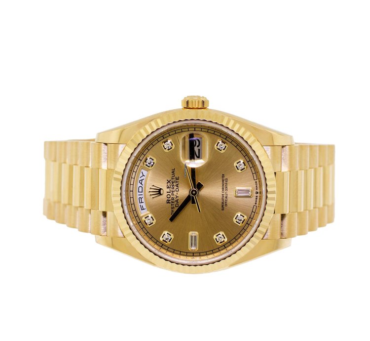 Rolex Day-date 36 36mm Yellow Gold Champagne Diamond Dial Fluted Bezel 128238
