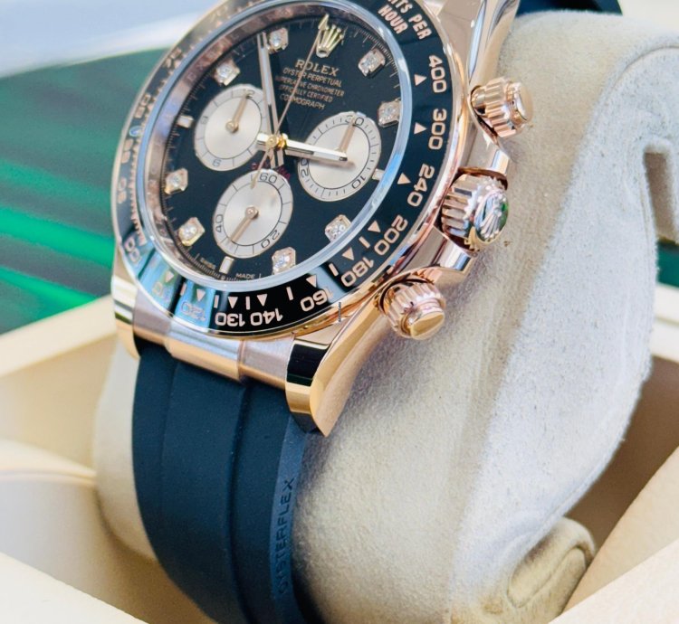 Rolex Daytona 126515ln Rose Gold Oysterflex Factory Black Diamond Dial Unworn Box And Papers