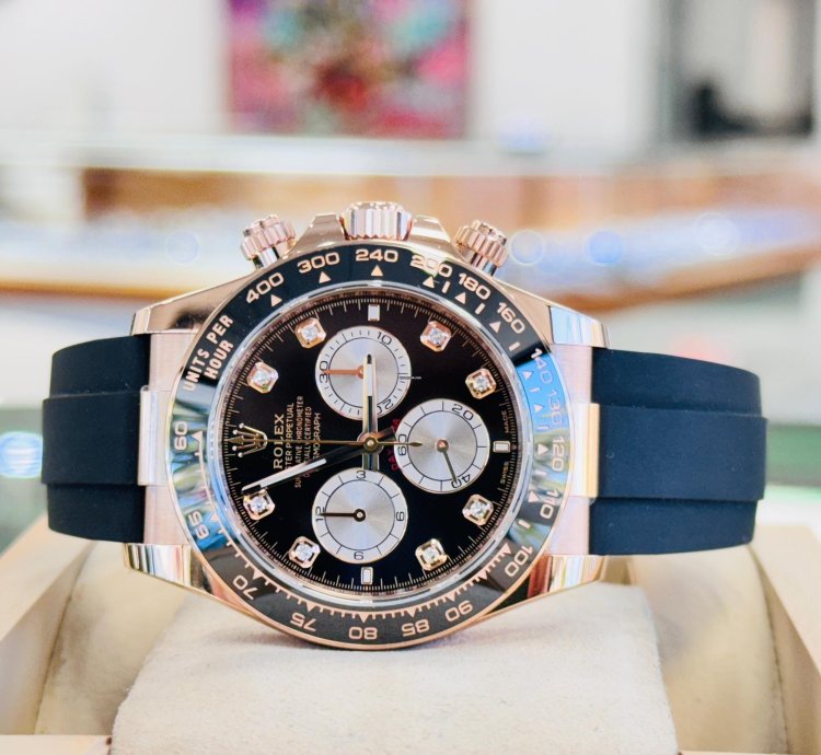 Rolex Daytona 126515ln Rose Gold Oysterflex Factory Black Diamond Dial Unworn Box And Papers