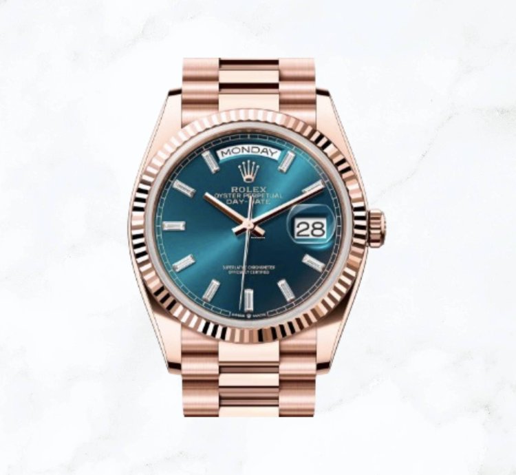 Rolex Day-date 36 Everose Gold Blue Baguette Diamond Dial new Unworn