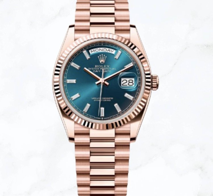 Rolex Day-date 36 Everose Gold Blue Baguette Diamond Dial new Unworn