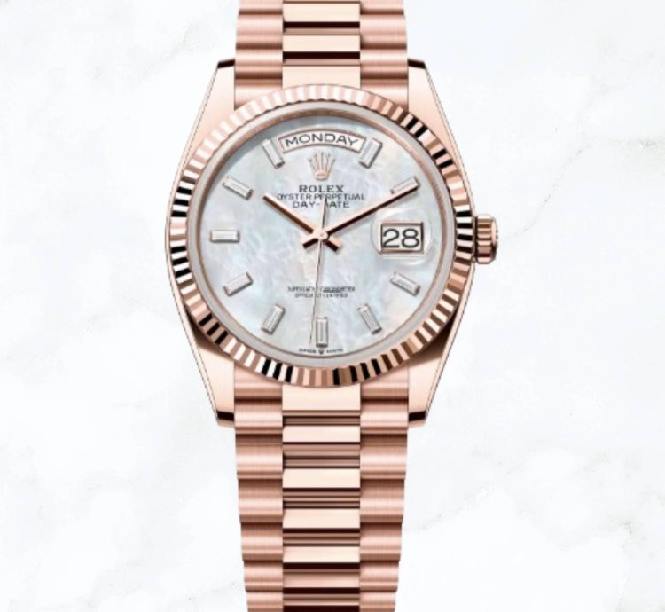Rolex Day-date 36 Everose Gold Mother Of Pearl Baguette Diamond Dial new Unworn