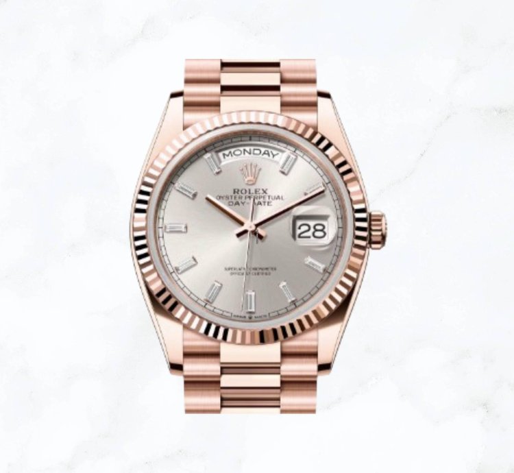 Rolex Day-date 36 Everose Gold Silver Baguette Diamond Dial new Unworn