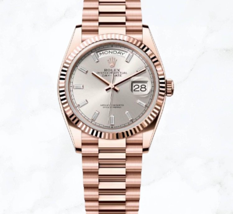 Rolex Day-date 36 Everose Gold Silver Baguette Diamond Dial new Unworn