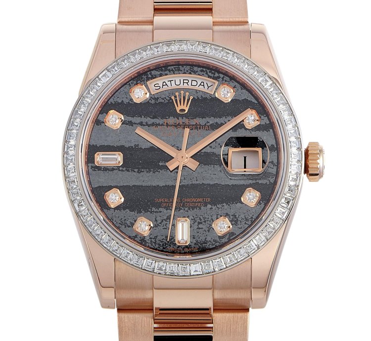 Rolex Day-date 36 Ferrite Diamond Dial Factory Baguette Diamond Bezel Oyster 118395br