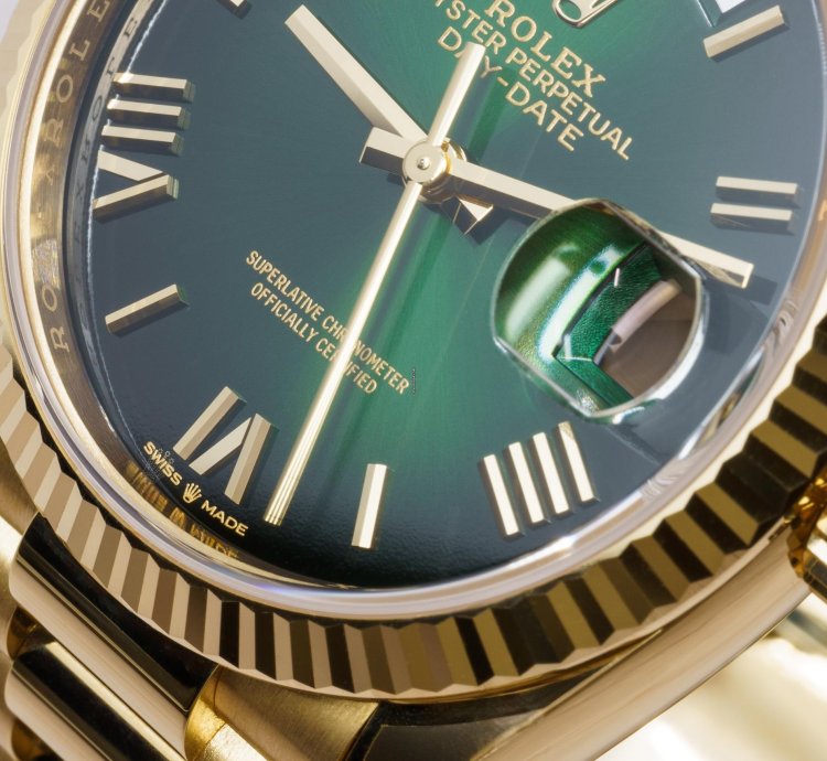 Rolex Day-date 36 In Stock Unworn 2024 Green Ombr Ref 128238 Day-date 36 Yellow Gold Roman Numerals