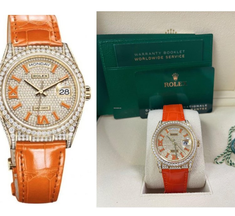 Rolex Day-date 36 Orange Alligator Strap Pave Dial 128158rbr