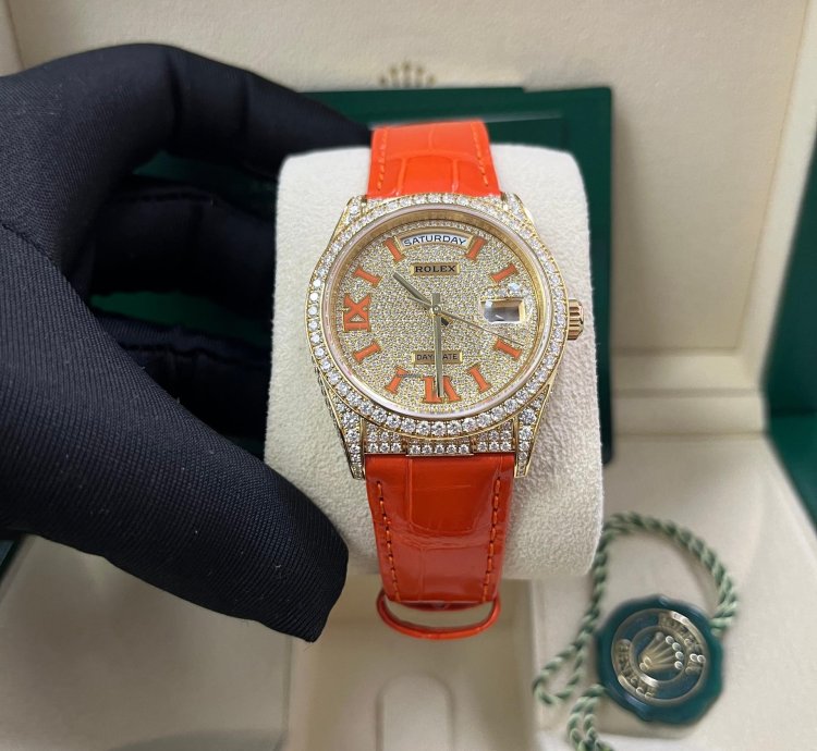 Rolex Day-date 36 Orange Alligator Strap Pave Dial 128158rbr