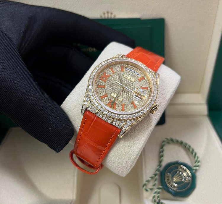 Rolex Day-date 36 Orange Alligator Strap Pave Dial 128158rbr