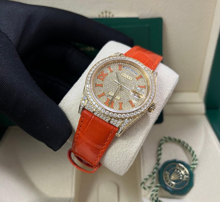 Rolex Day-date 36 Orange Alligator Strap Pave Dial 128158rbr