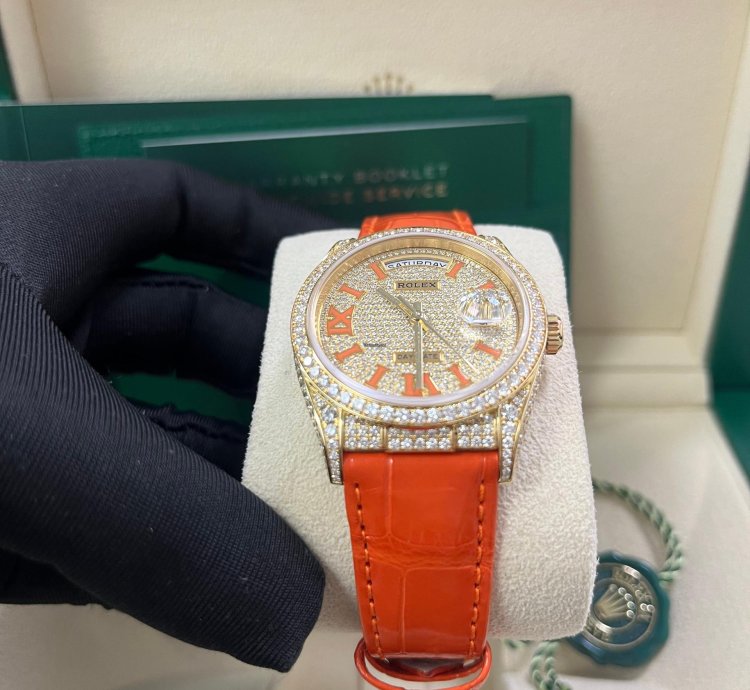 Rolex Day-date 36 Orange Alligator Strap Pave Dial 128158rbr