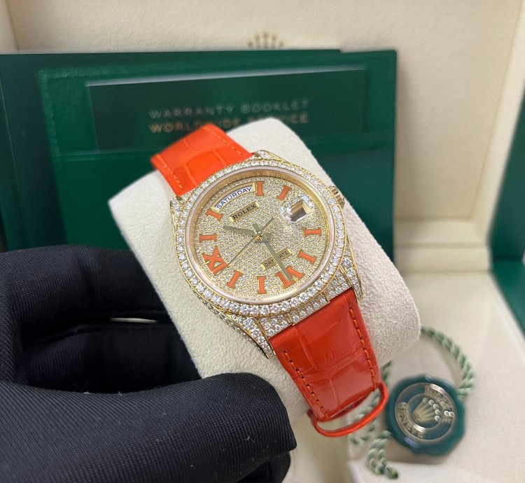 Rolex Day-date 36 Orange Alligator Strap Pave Dial 128158rbr