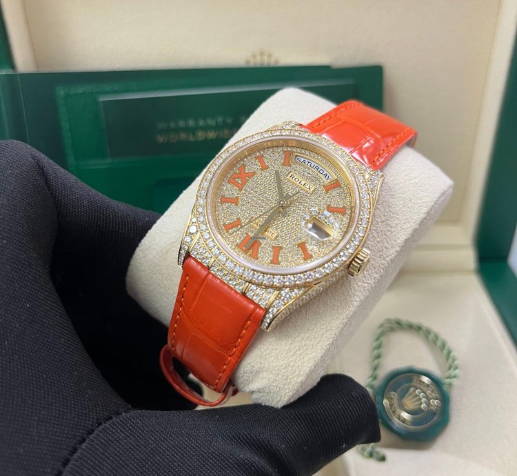 Rolex Day-date 36 Orange Alligator Strap Pave Dial 128158rbr