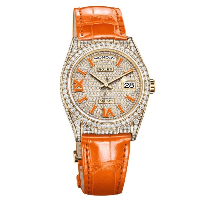 Rolex Day-date 36 Orange Alligator Strap Pave Dial 128158rbr