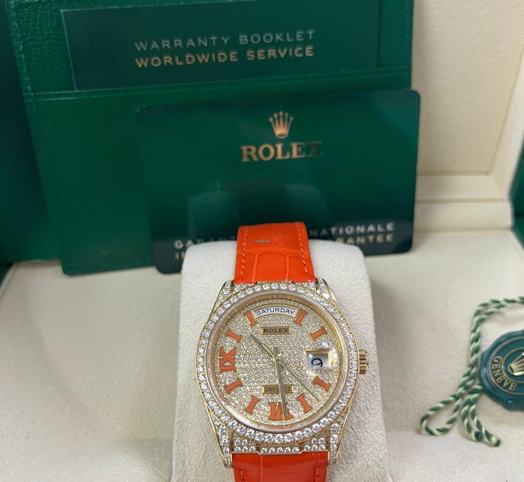 Rolex Day-date 36 Orange Alligator Strap Pave Dial 128158rbr