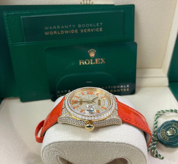 Rolex Day-date 36 Orange Alligator Strap Pave Dial 128158rbr