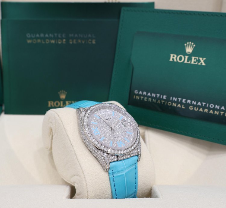 Rolex Day-date 36 Pav Tiffany Turquoise Leather New Full Set Off Catalogue