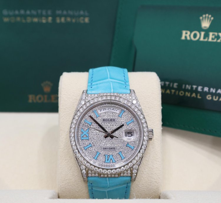 Rolex Day-date 36 Pav Tiffany Turquoise Leather New Full Set Off Catalogue