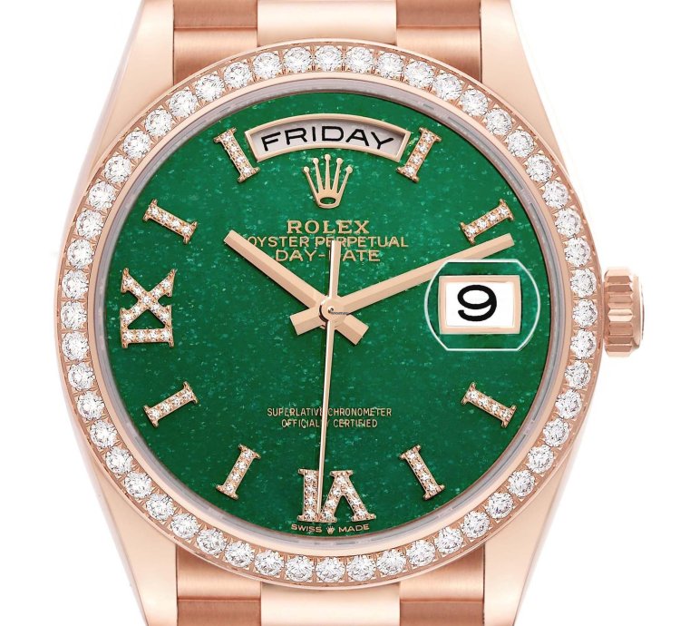 Rolex Day-date 36 President Day Date Rose Gold Green Aventurine Diamond Watch 128345 Unworn
