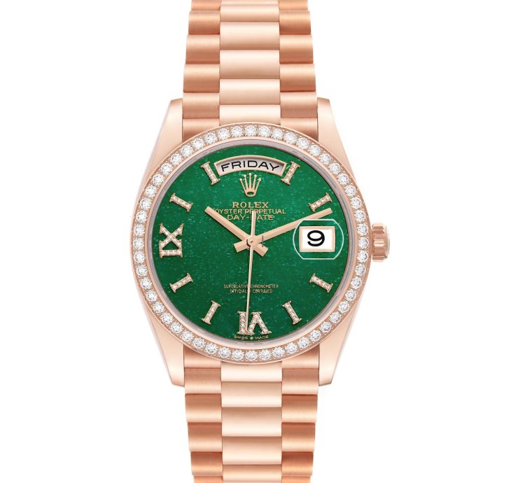 Rolex Day-date 36 President Day Date Rose Gold Green Aventurine Diamond Watch 128345 Unworn