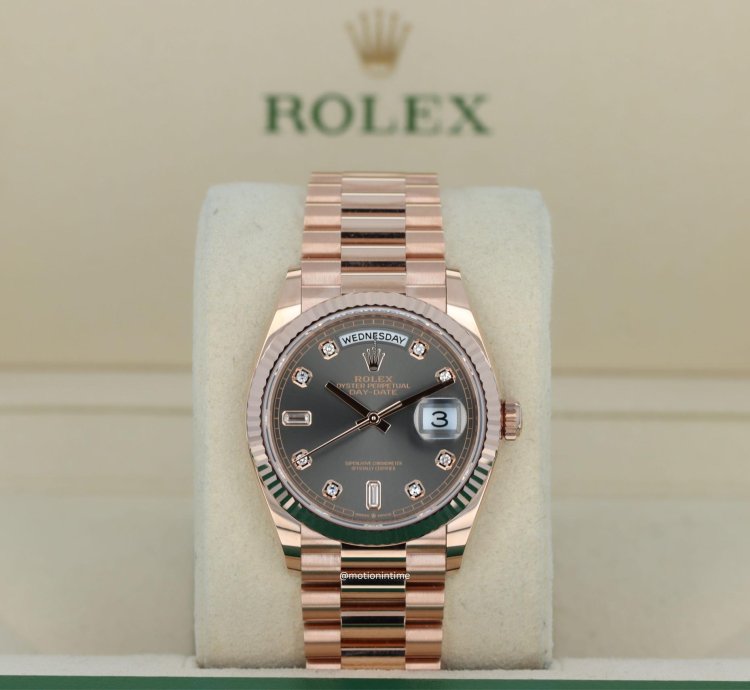 Rolex Day-date 36 President Rose Gold Slate Diamond Baguette Dial 128235 18kt Everose Gold