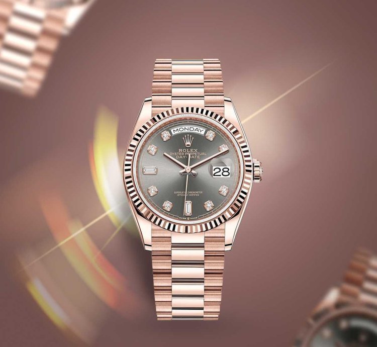 Rolex Day-date 36 President Rose Gold Slate Diamond Baguette Dial 128235 18kt Everose Gold