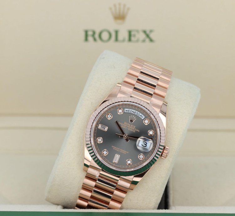 Rolex Day-date 36 President Rose Gold Slate Diamond Baguette Dial 128235 18kt Everose Gold