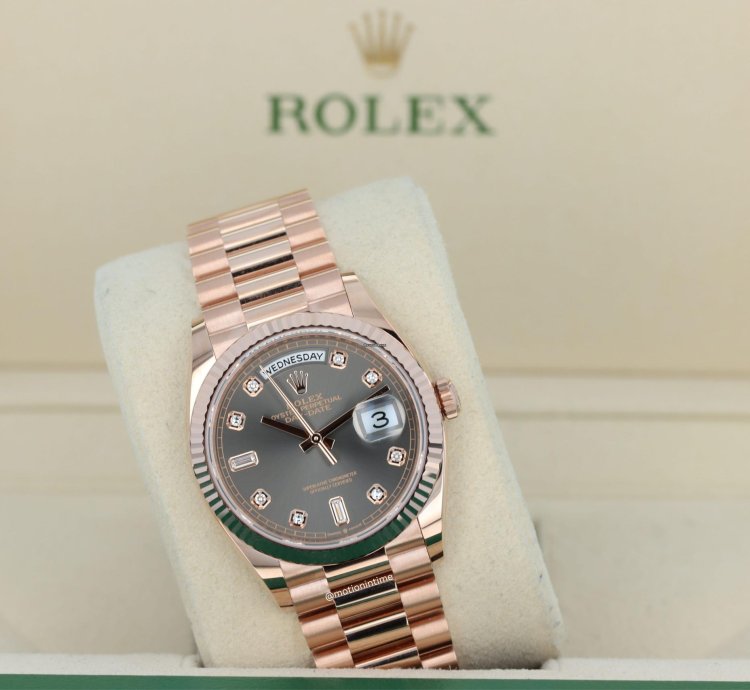 Rolex Day-date 36 President Rose Gold Slate Diamond Baguette Dial 128235 18kt Everose Gold