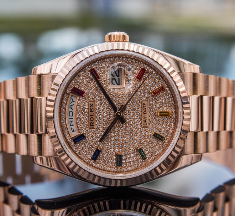 Rolex Day-date 36 Rainbow Baguette - Diamond Paved Dial