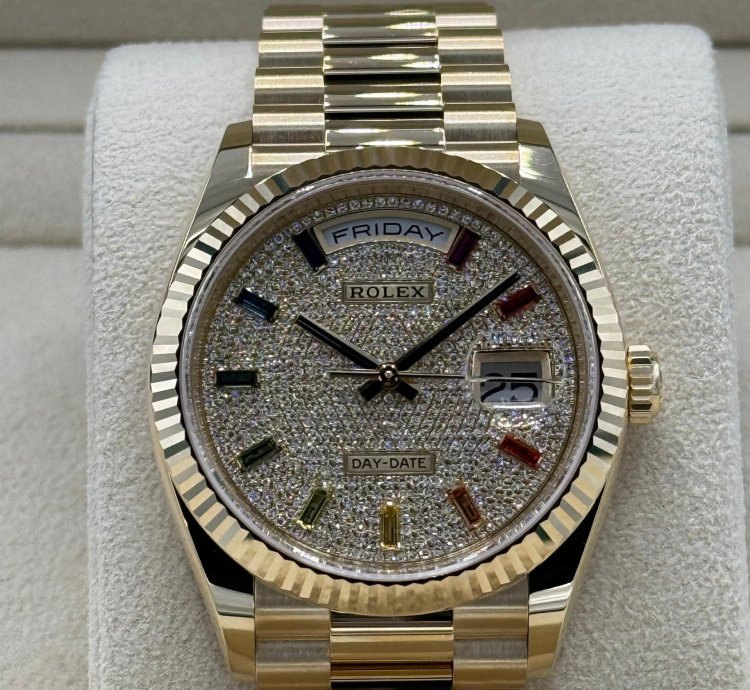 Rolex Day-date 36 Rainbow Sapphire Diamonds Dial Factory Set New