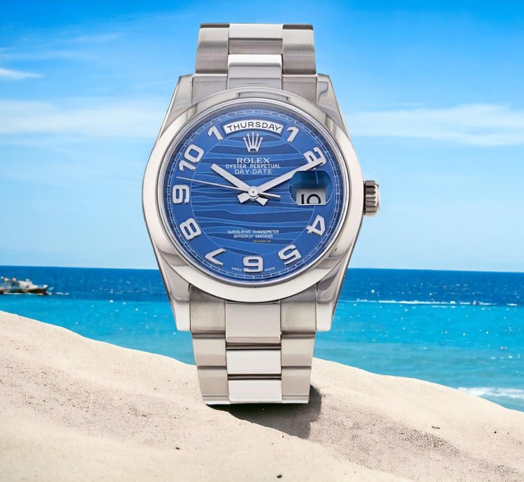 Rolex Day-date 36 Ref 118209 18k White Gold Rare Blue Wave Dial New Rolex Service Guarantee