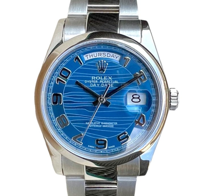 Rolex Day-date 36 Ref 118209 18k White Gold Rare Blue Wave Dial New Rolex Service Guarantee