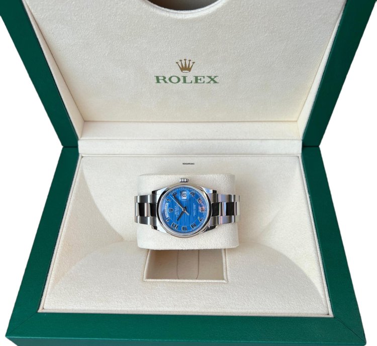 Rolex Day-date 36 Ref 118209 18k White Gold Rare Blue Wave Dial New Rolex Service Guarantee