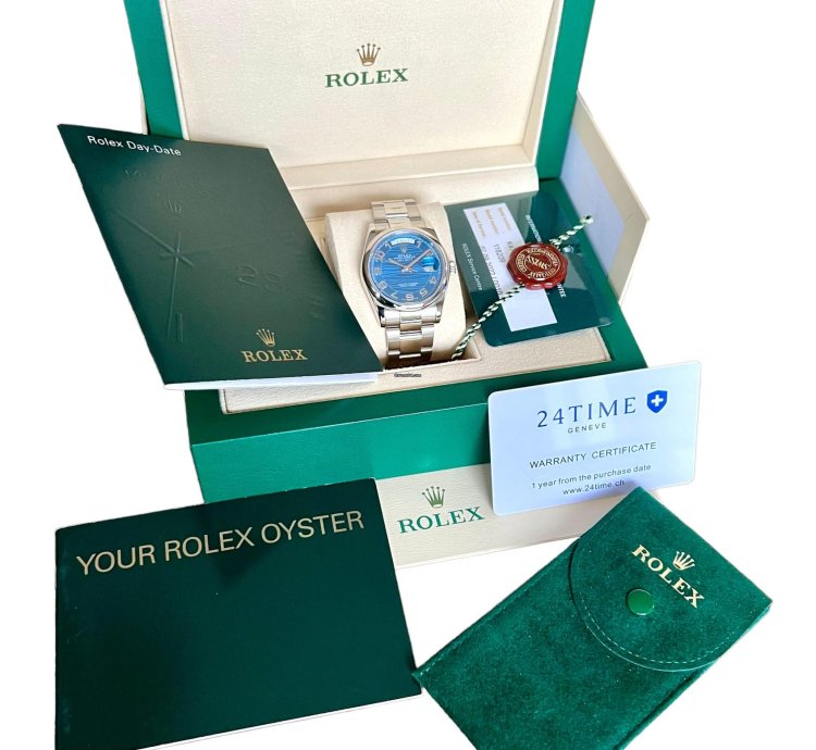 Rolex Day-date 36 Ref 118209 18k White Gold Rare Blue Wave Dial New Rolex Service Guarantee