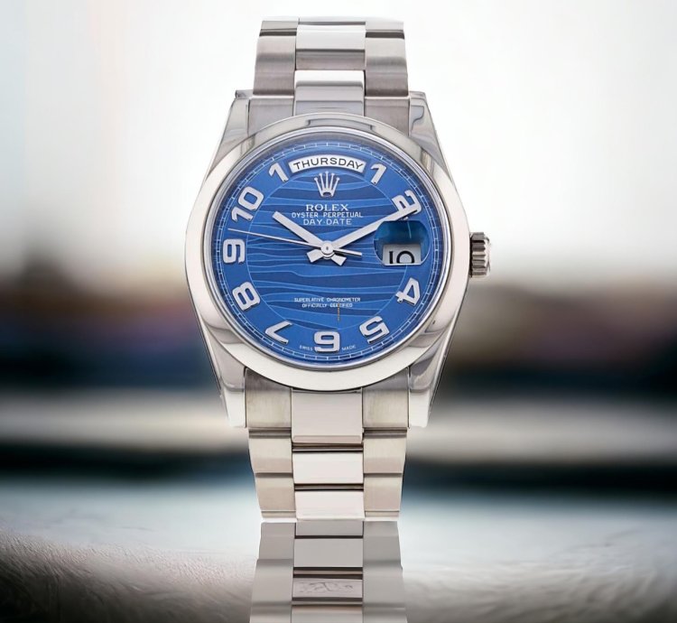 Rolex Day-date 36 Ref 118209 18k White Gold Rare Blue Wave Dial New Rolex Service Guarantee