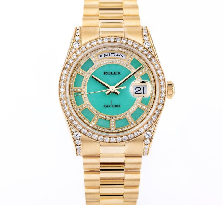 Rolex Day-date 36 Ref 118388 Carousel Green Jade Dial Diamond Dial Bezel And Shoulders 18k Yellow Gold