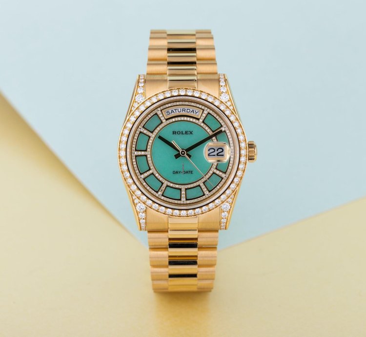 Rolex Day-date 36 Ref 118388 Carousel Green Jade Dial Diamond Dial Bezel And Shoulders 18k Yellow Gold