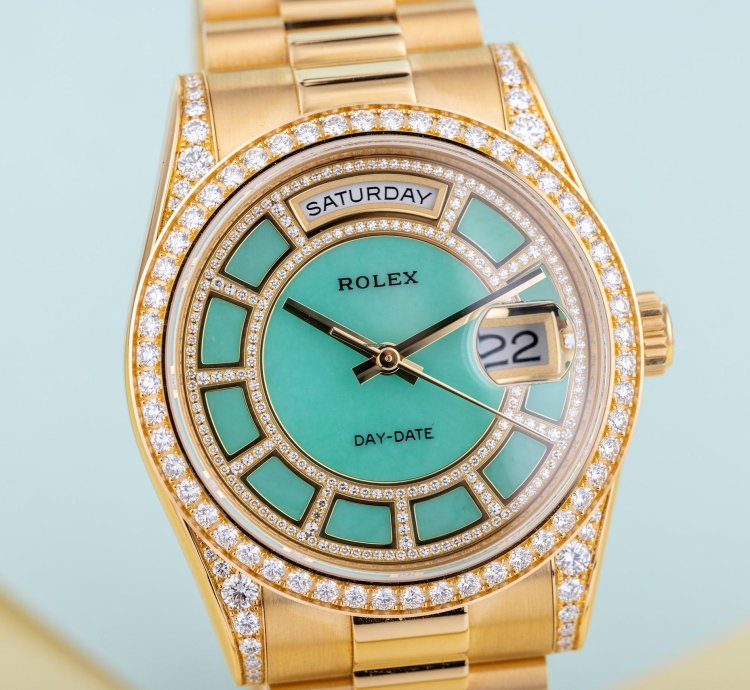 Rolex Day-date 36 Ref 118388 Carousel Green Jade Dial Diamond Dial Bezel And Shoulders 18k Yellow Gold