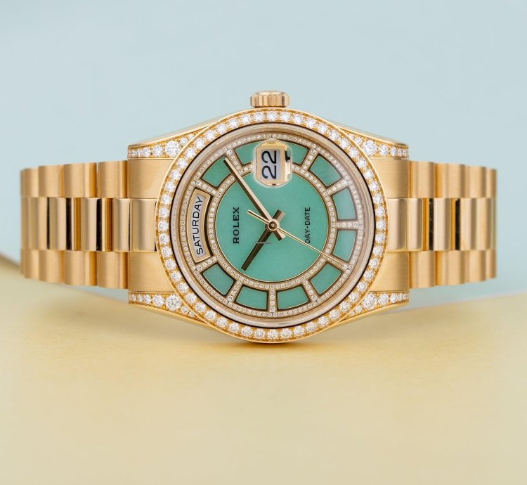 Rolex Day-date 36 Ref 118388 Carousel Green Jade Dial Diamond Dial Bezel And Shoulders 18k Yellow Gold