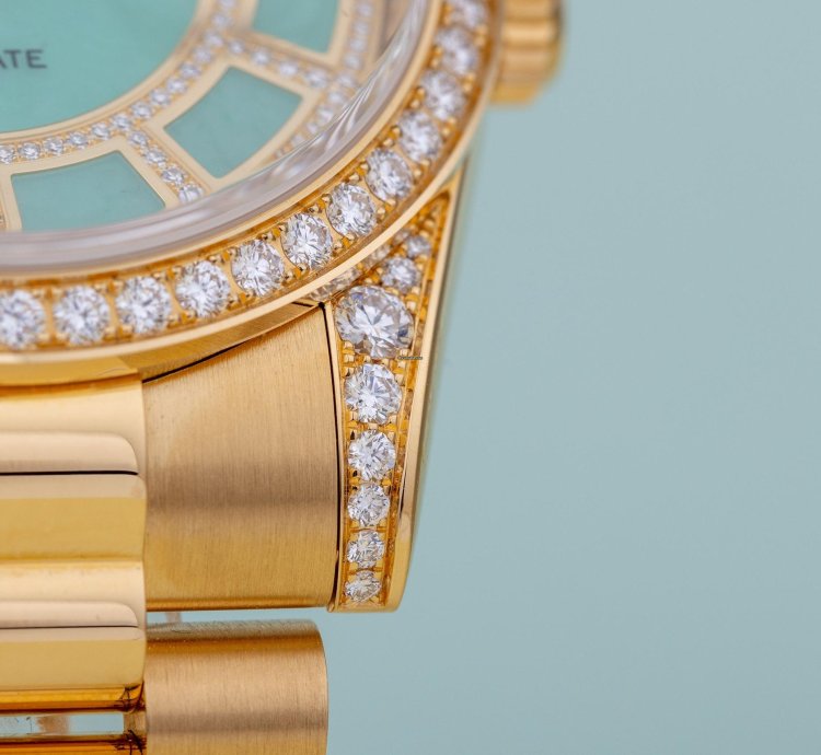 Rolex Day-date 36 Ref 118388 Carousel Green Jade Dial Diamond Dial Bezel And Shoulders 18k Yellow Gold
