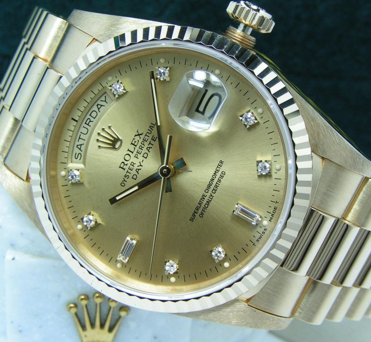 Rolex Day-date 36 Un-worn Boxes Papers Champagne Diamond Dial Fluted Bezel 18238