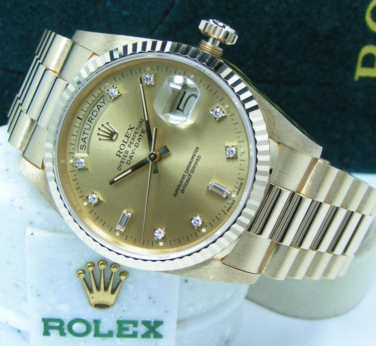 Rolex Day-date 36 Un-worn Boxes Papers Champagne Diamond Dial Fluted Bezel 18238