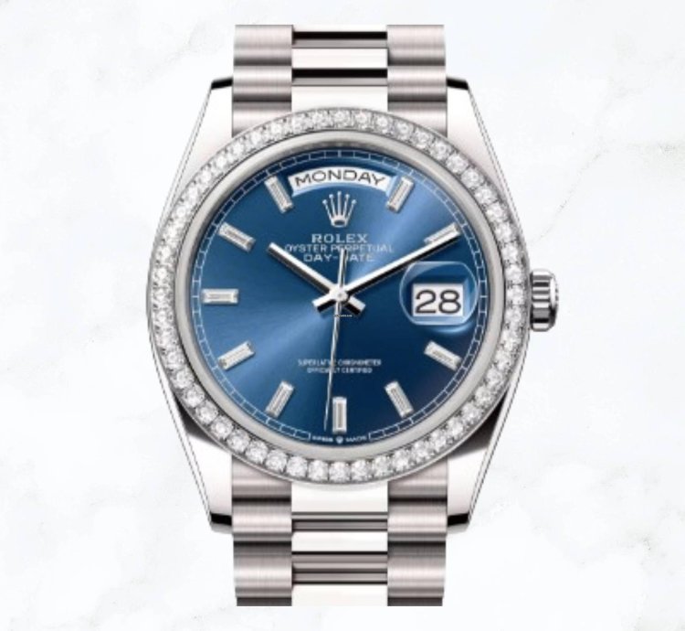 Rolex Day-date 36 White Gold Blue Baguette Dial 128349rbr new Unworn