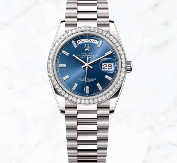 Rolex Day-date 36 White Gold Blue Baguette Dial 128349rbr new Unworn