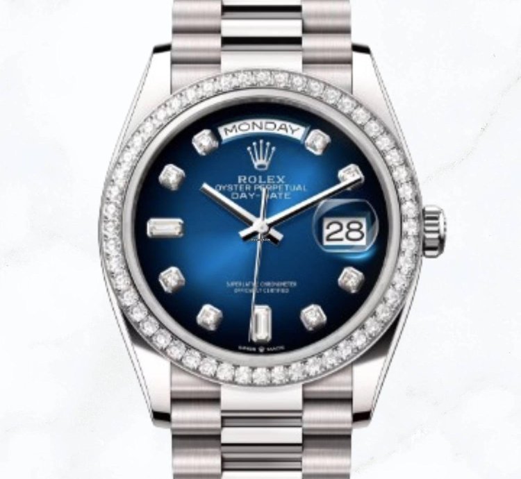 Rolex Day-date 36 White Gold Blue Ombr Diamond Dial 128349rbr new Unworn