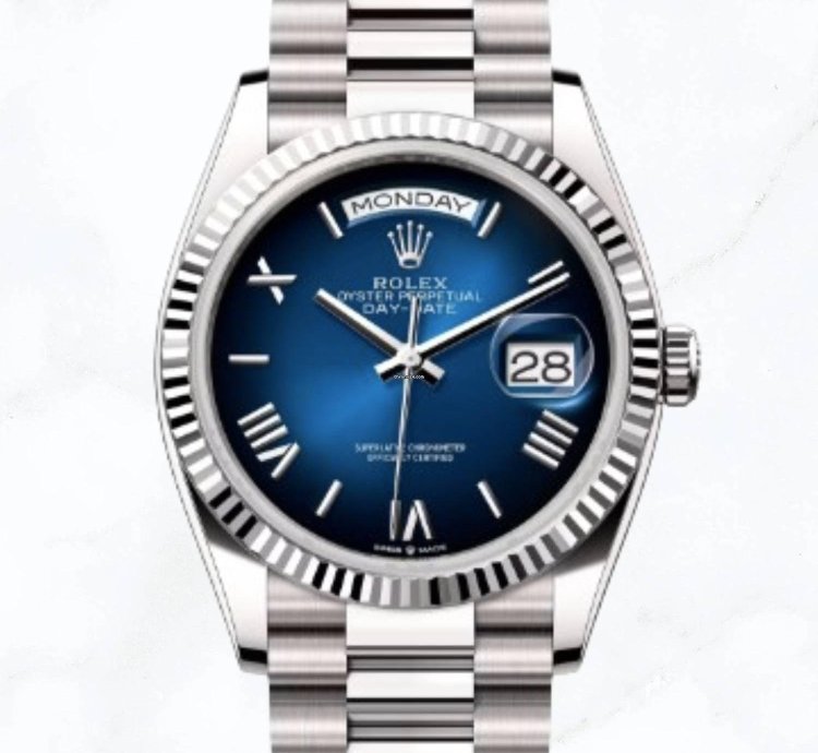Rolex Day-date 36 White Gold Blue Ombr Roman Dial 128239 new Unworn