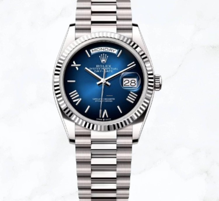Rolex Day-date 36 White Gold Blue Ombr Roman Dial 128239 new Unworn